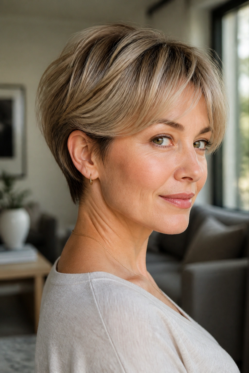 Portrait of a person with a soft bixie and tucked nape.