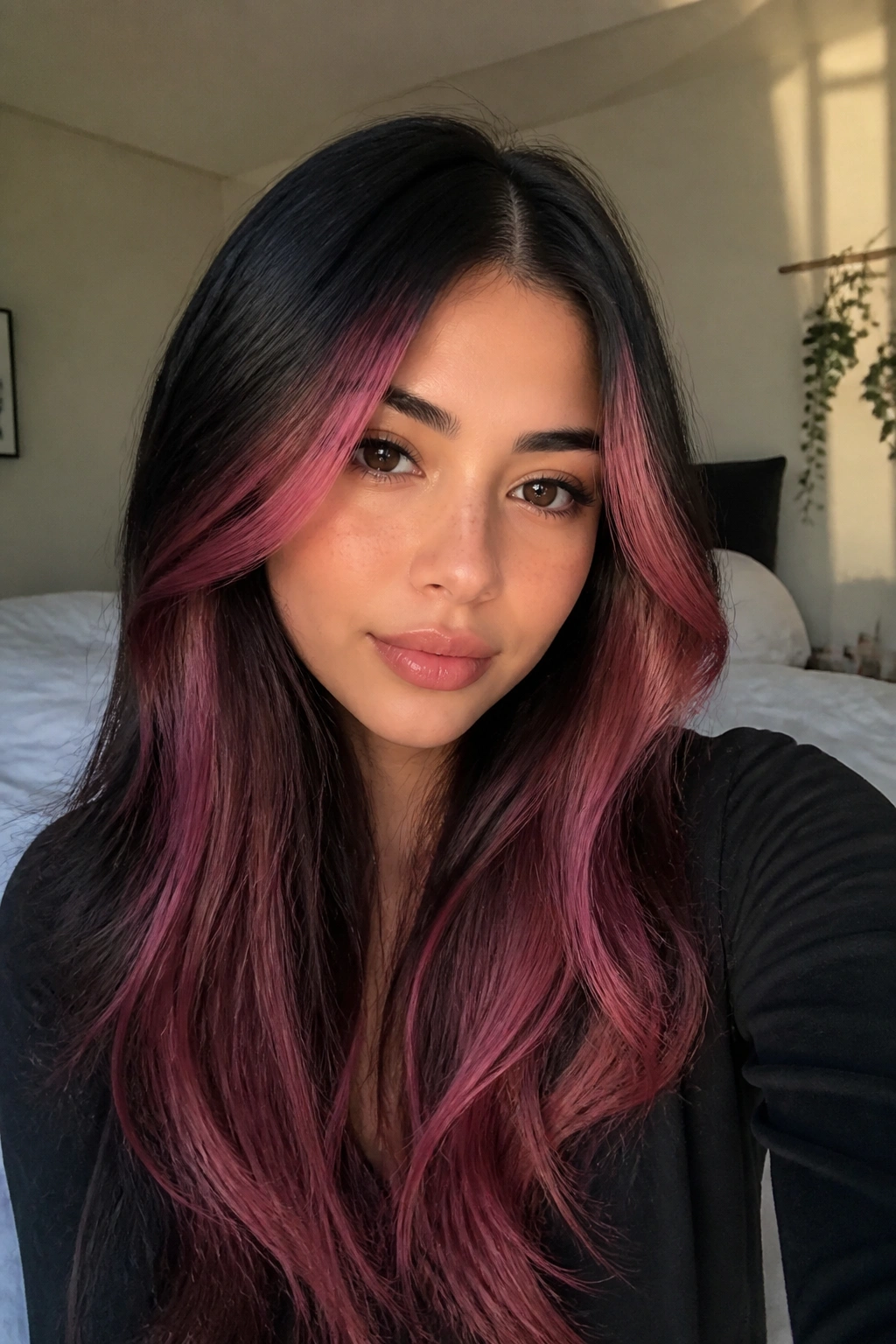 Close-up of soft black to berry pink face-framing melt ombre hair