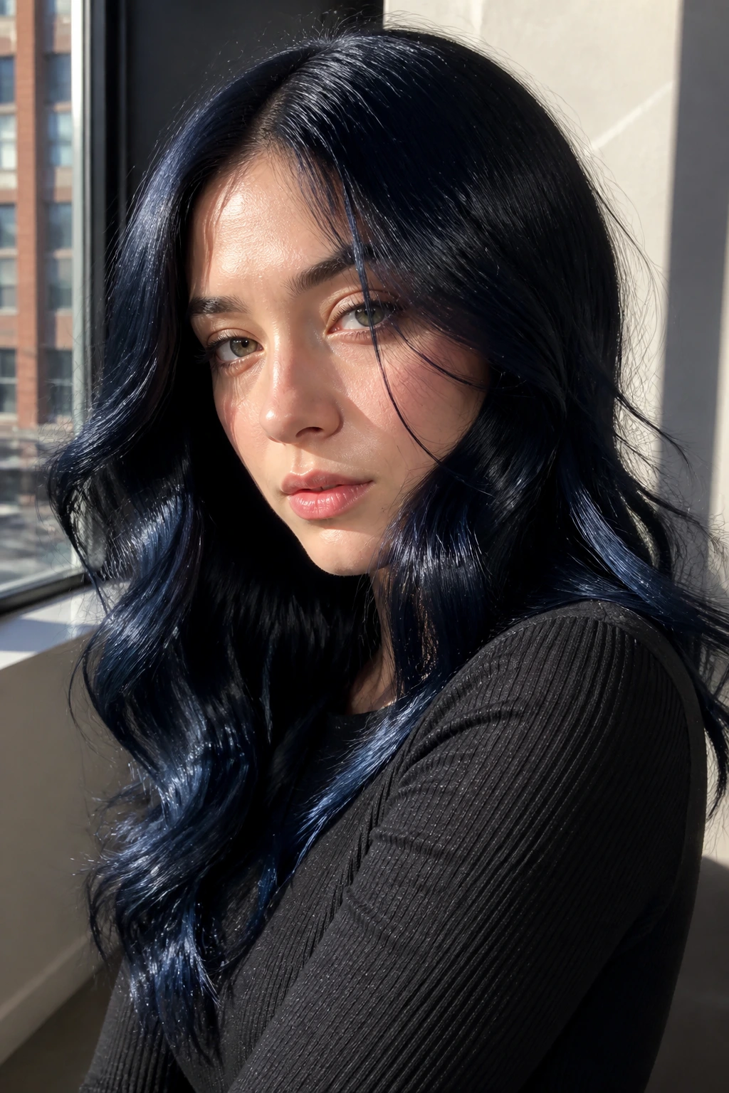 Close-up of a real person with soft black hair and blue gloss