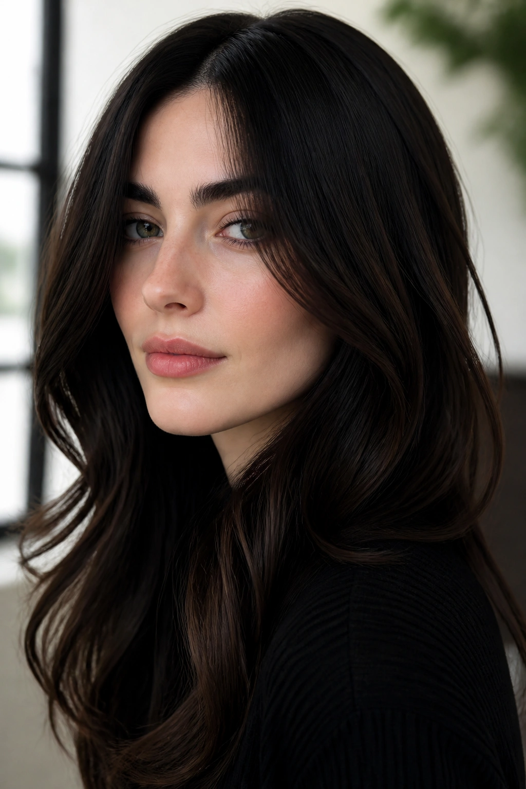 Portrait of a woman with soft black-brown hair under natural light