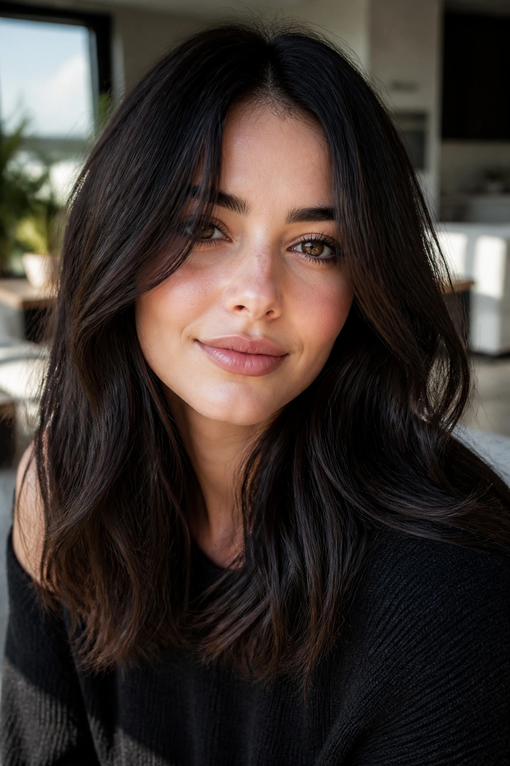 Close-up portrait of a woman with near-black hair showing brown reflects