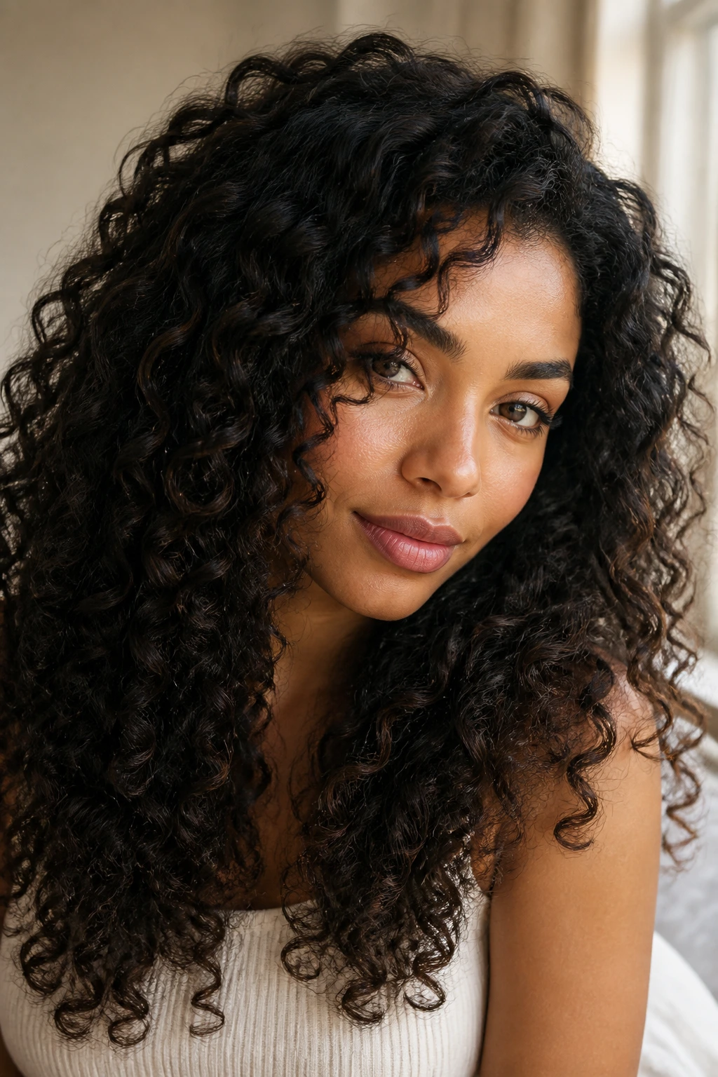 Close-up of a real woman with soft black curly hair and gentle shine