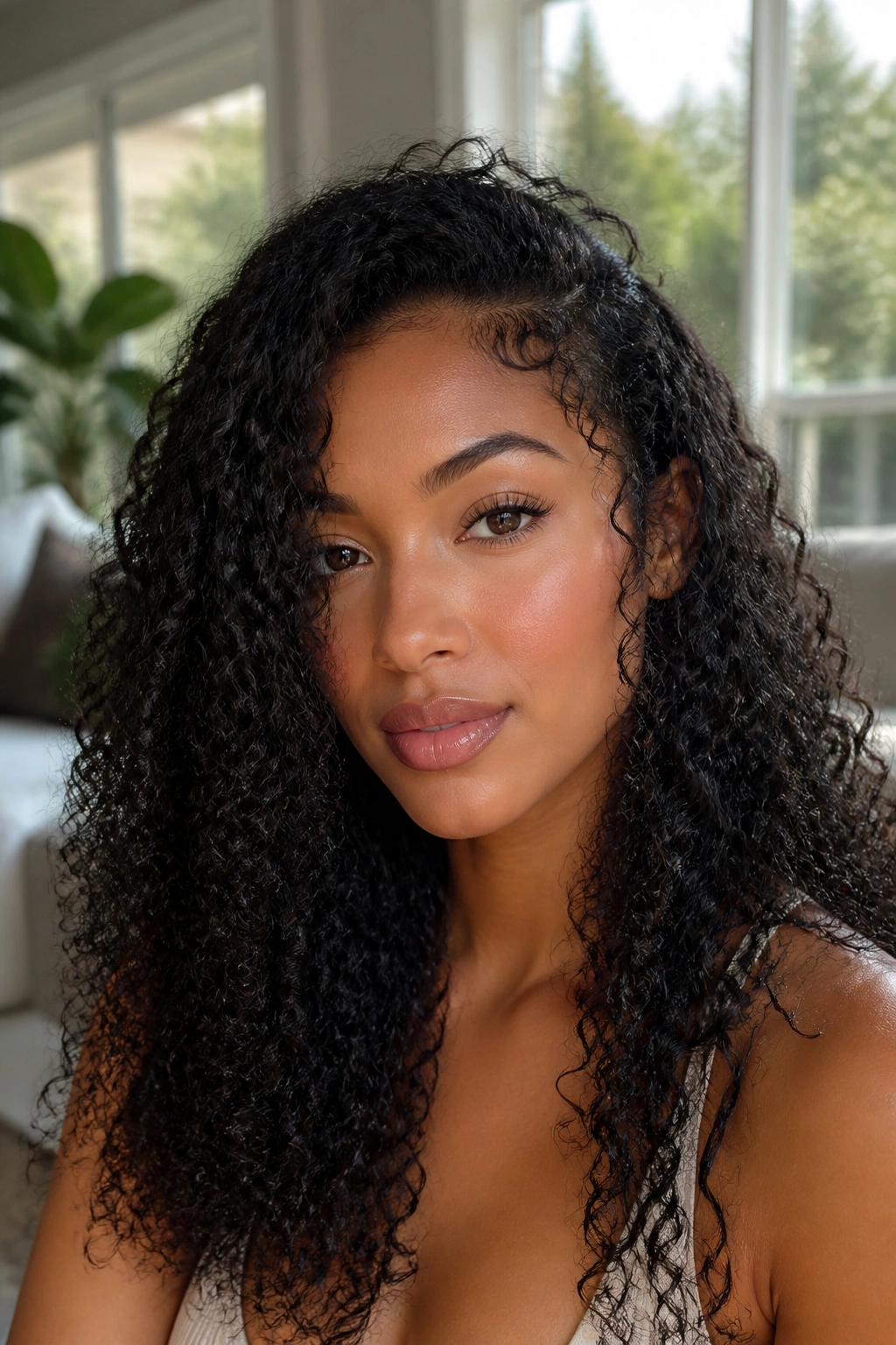 Close-up of real person with soft-black curls in sunlit room