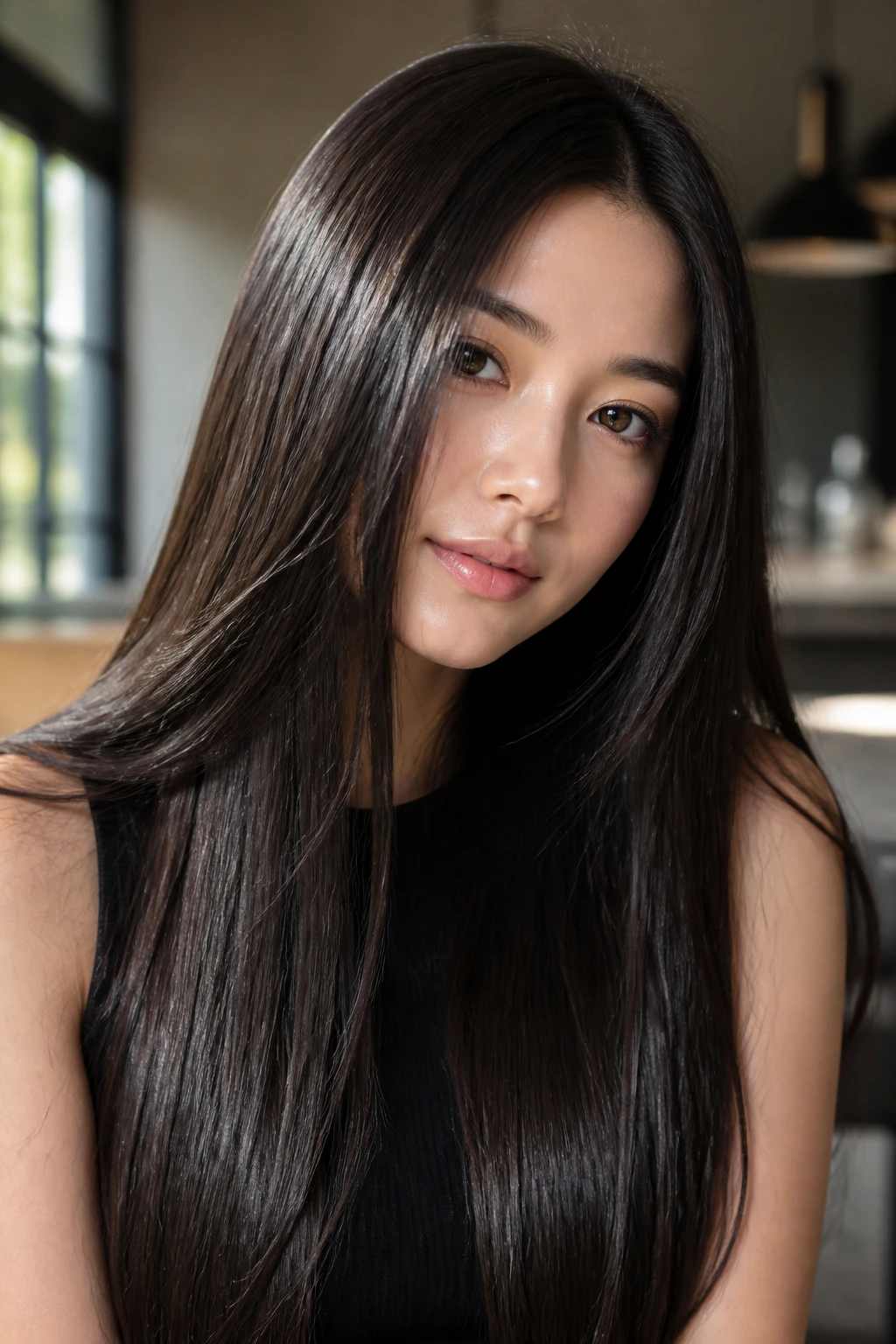 Portrait of a real person with soft black hair and glassy shine.