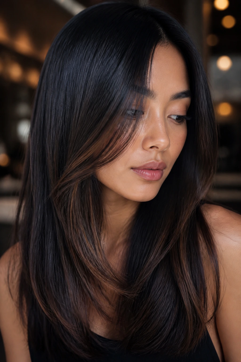 Close-up of real person with soft black hair and muted brown ribbons