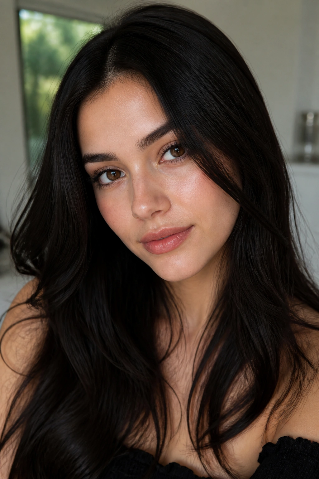 Close-up portrait of a real woman with soft black hair in a bright indoor setting.