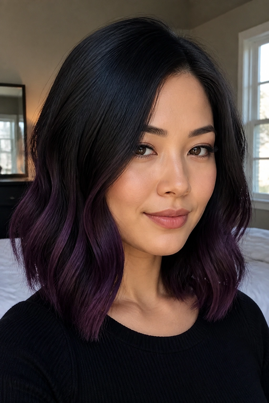 Woman with soft black lob and blackberry ombre near jaw