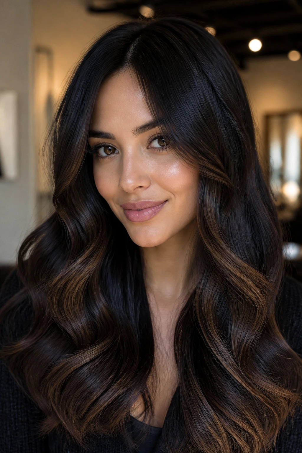 Close-up of a real woman's soft black hair with mocha gloss catching light