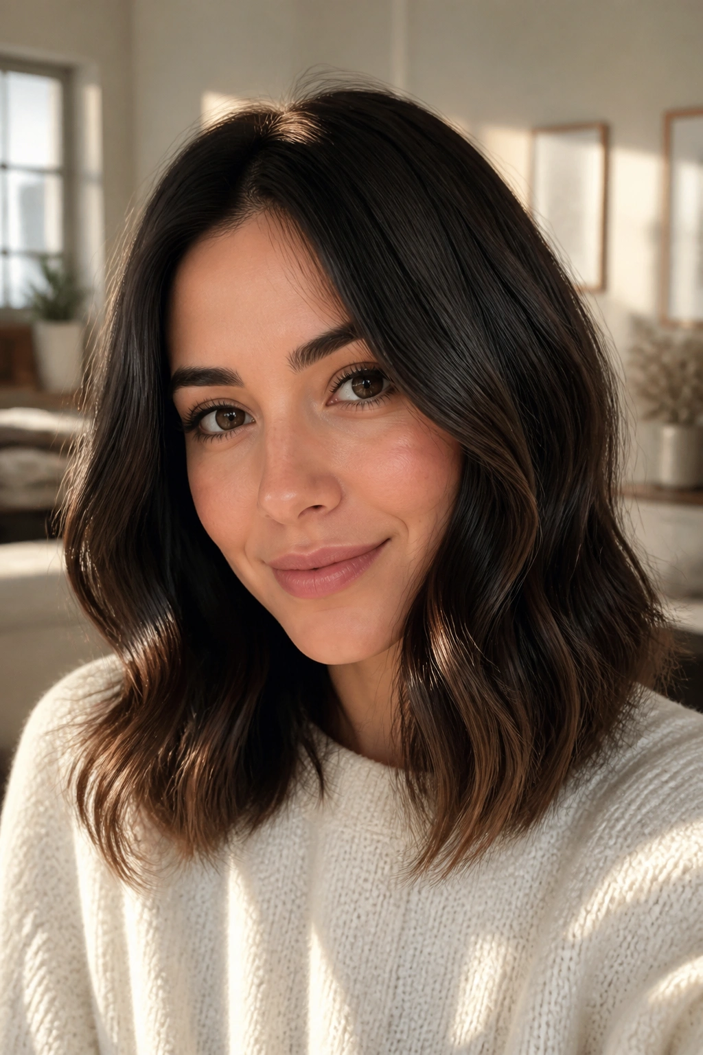 Woman with soft black hair and mocha sheen in a long bob or gentle waves.