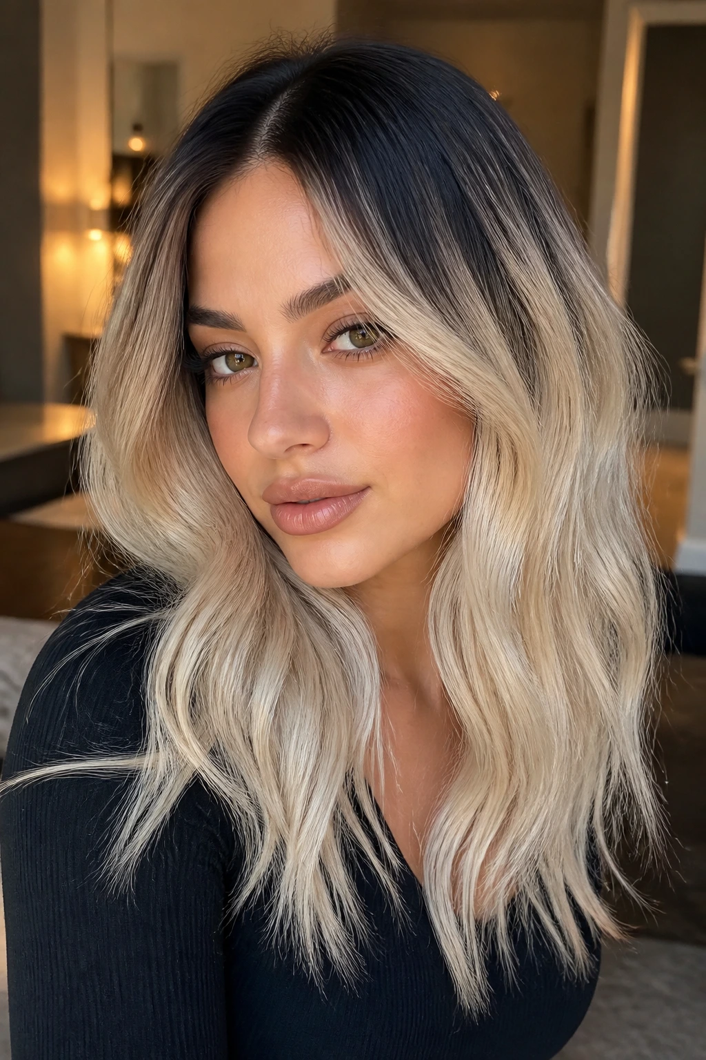 Close-up of soft black root with cream blonde ends on a real person