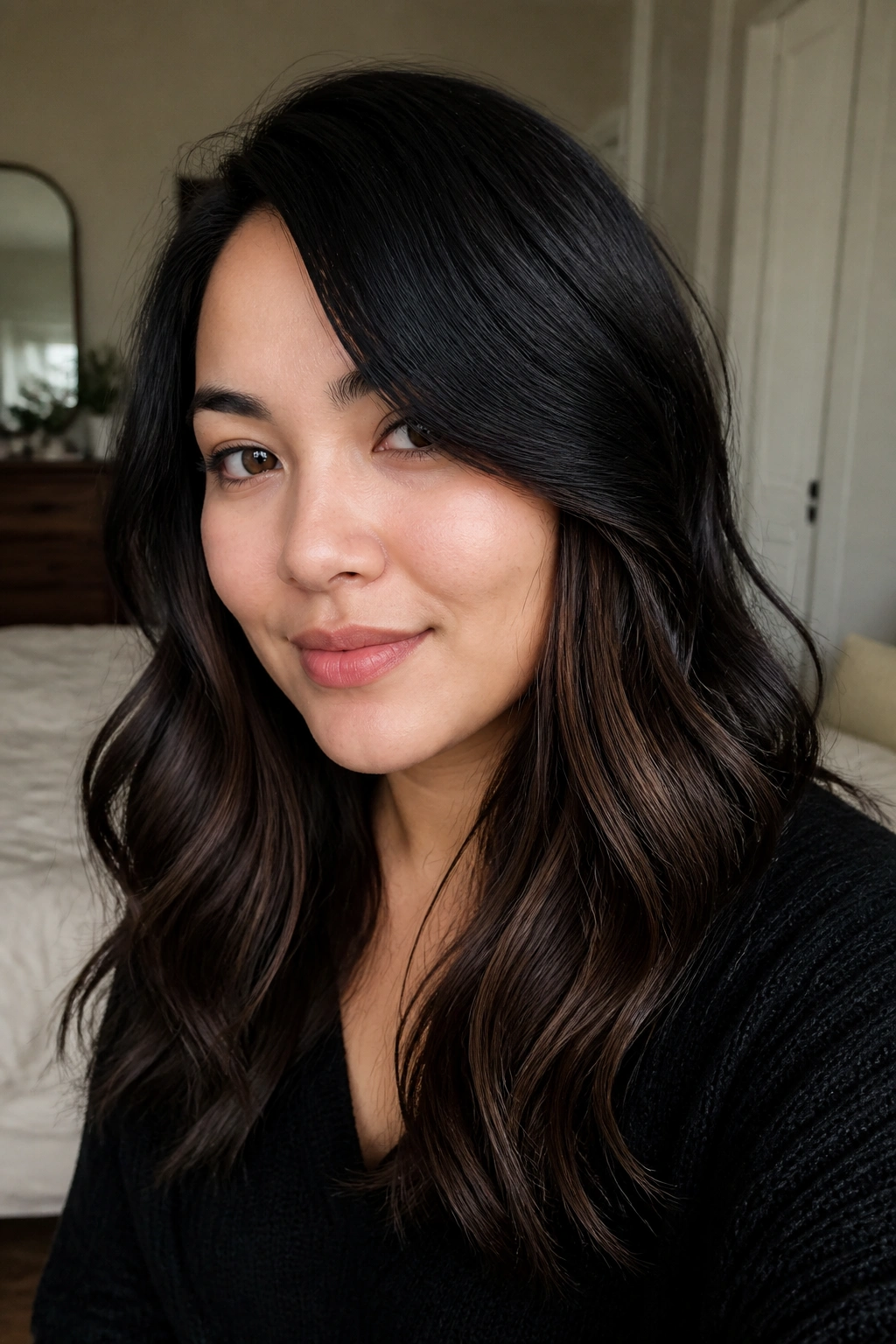 Close-up portrait of a woman with jet-black top layer and espresso underlayers visible.