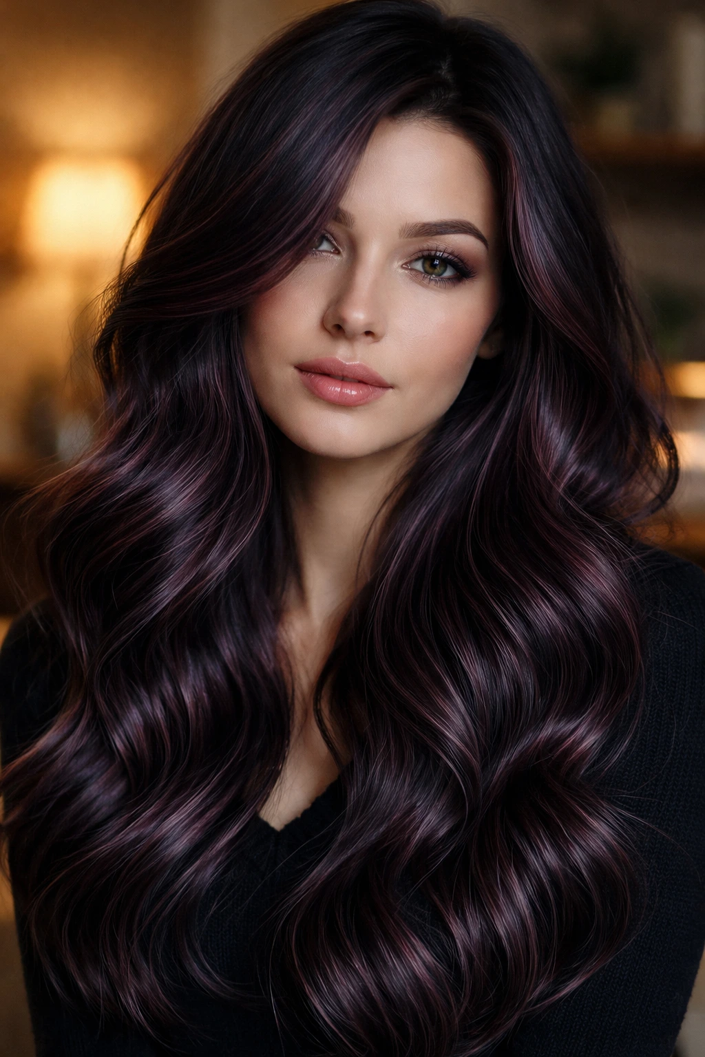 Close-up portrait with blackberry highlights in dark hair.