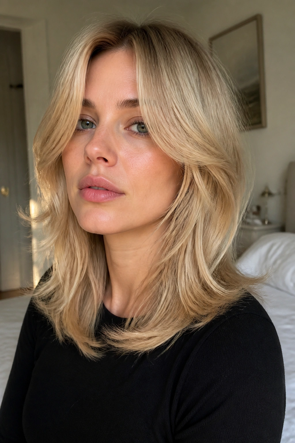 Close-up portrait of a real woman with a soft blonde shag on straight hair