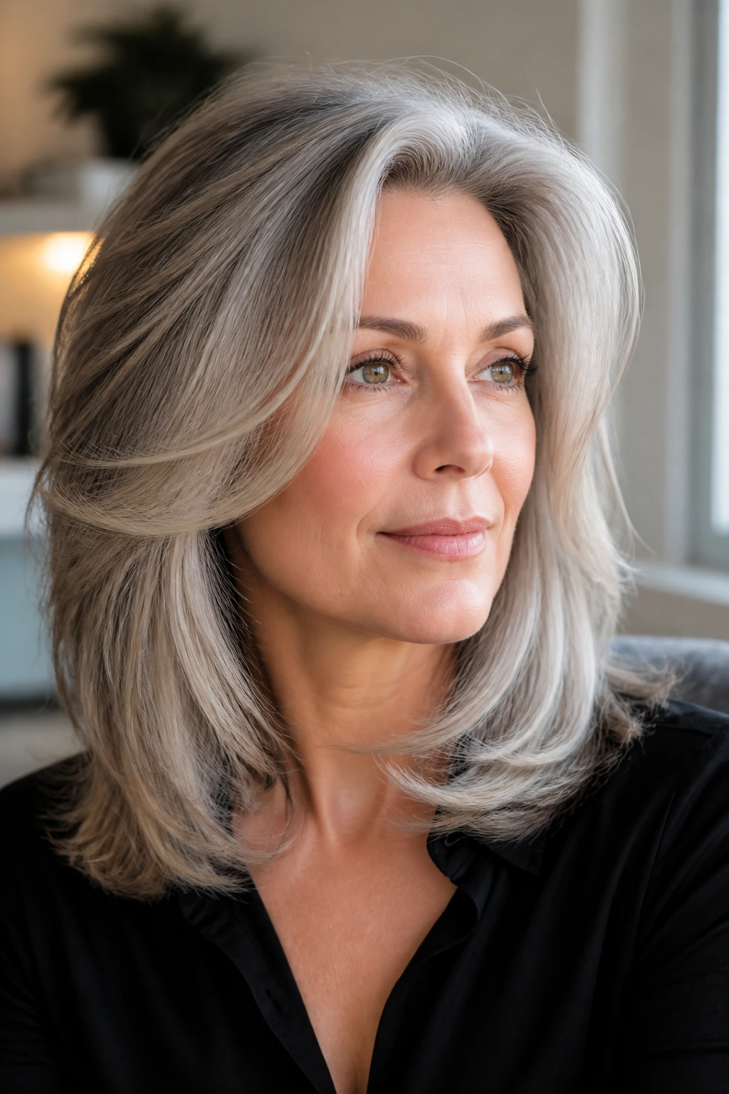 Close-up of a real woman with soft blowout layers in grey hair.