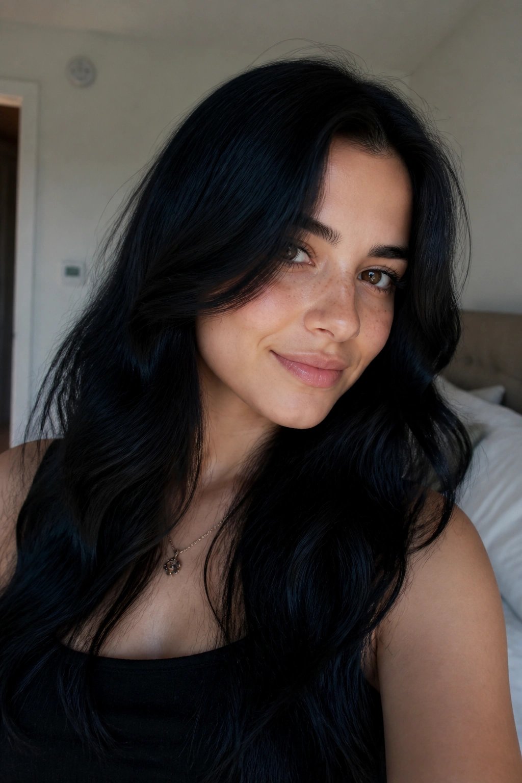 Close-up portrait of a real person with Soft Blue-Black hair under natural window light
