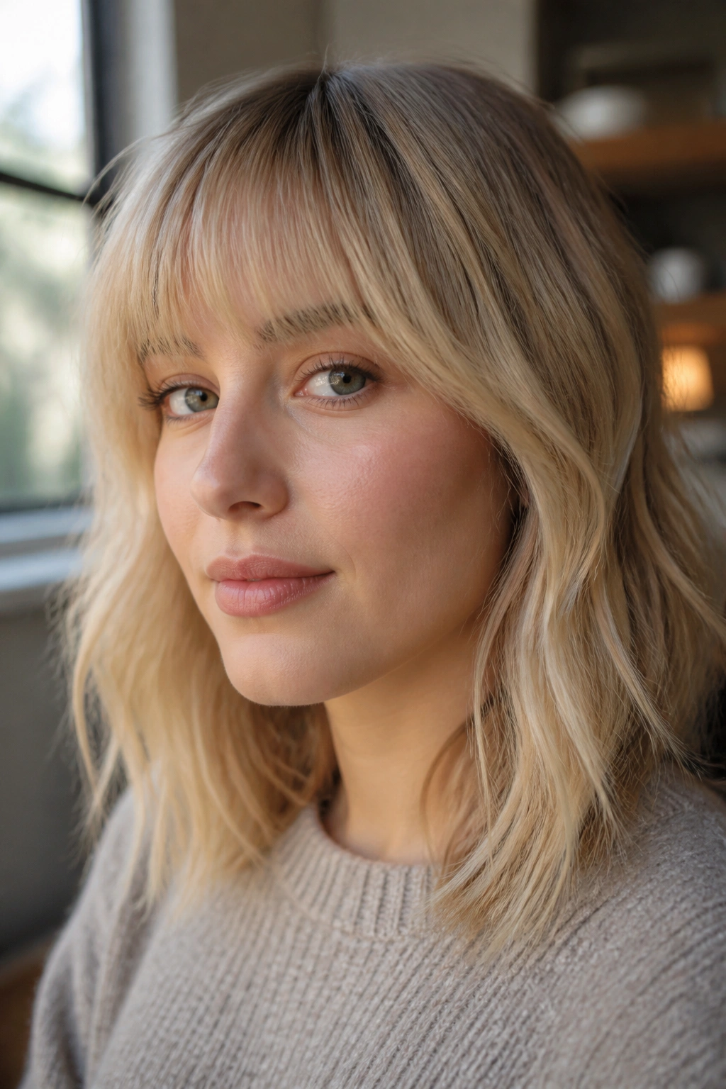 Close-up of a real woman with soft blunt bangs and airy ends in medium blonde
