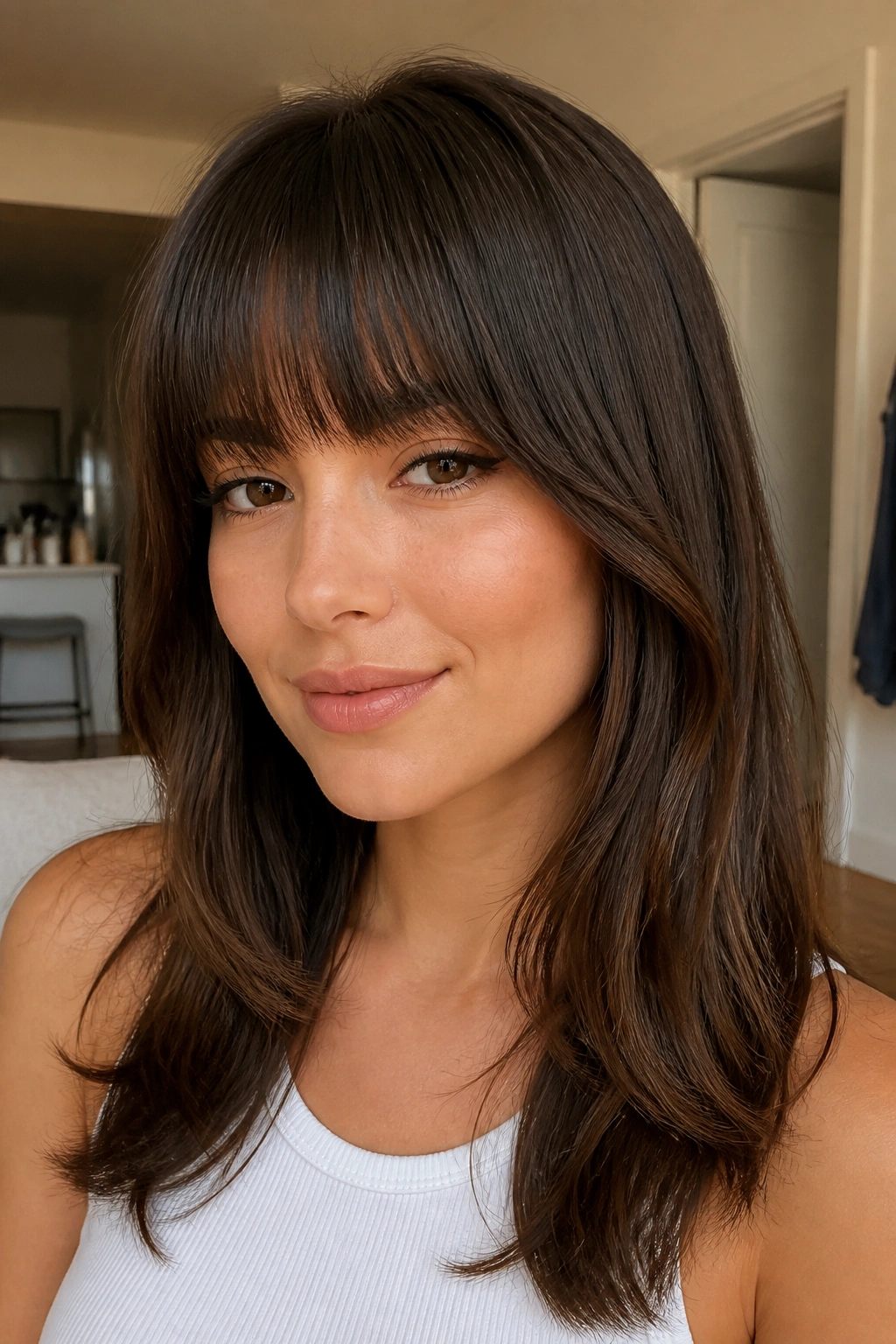 Portrait of a woman with soft blunt bangs and longer corners near the temples