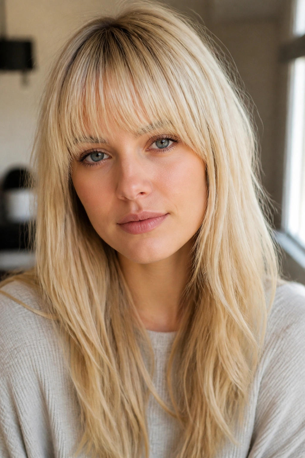 Close-up of a real woman with pale blonde soft blunt bangs