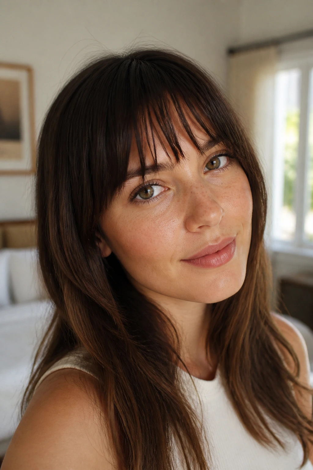 Close-up of a real woman wearing soft blunt bangs with point-cut ends around brow length