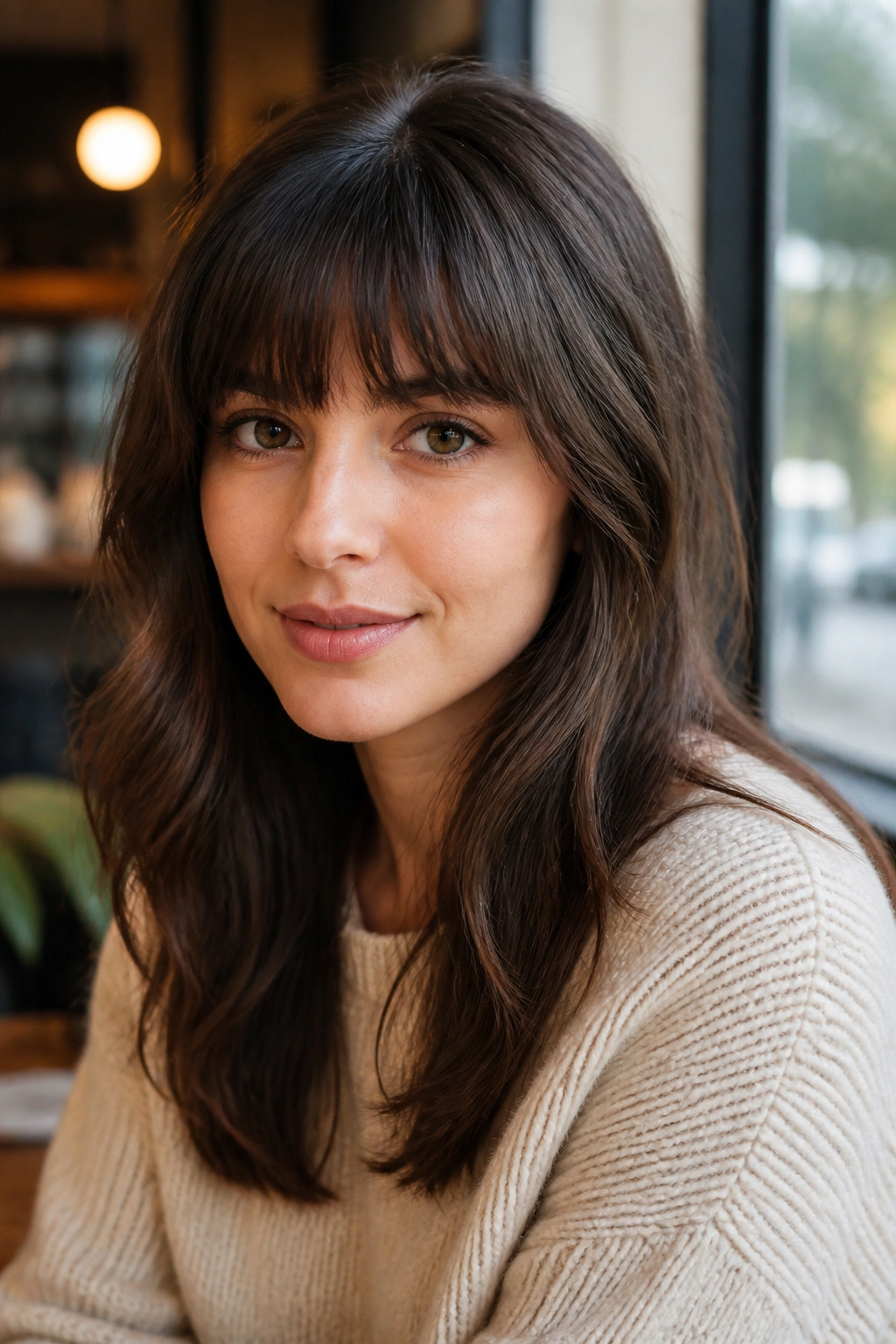 Close-up of a real woman with soft blunt bangs and pointed ends in natural light