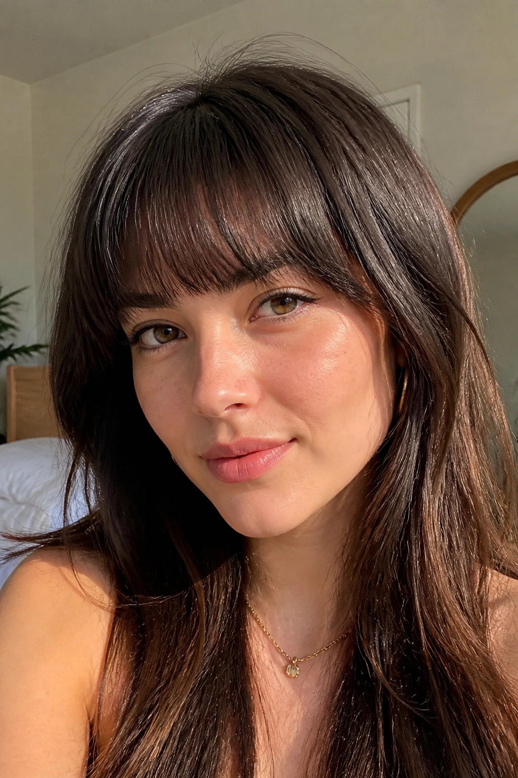 Close-up portrait of a woman with soft blunt bangs