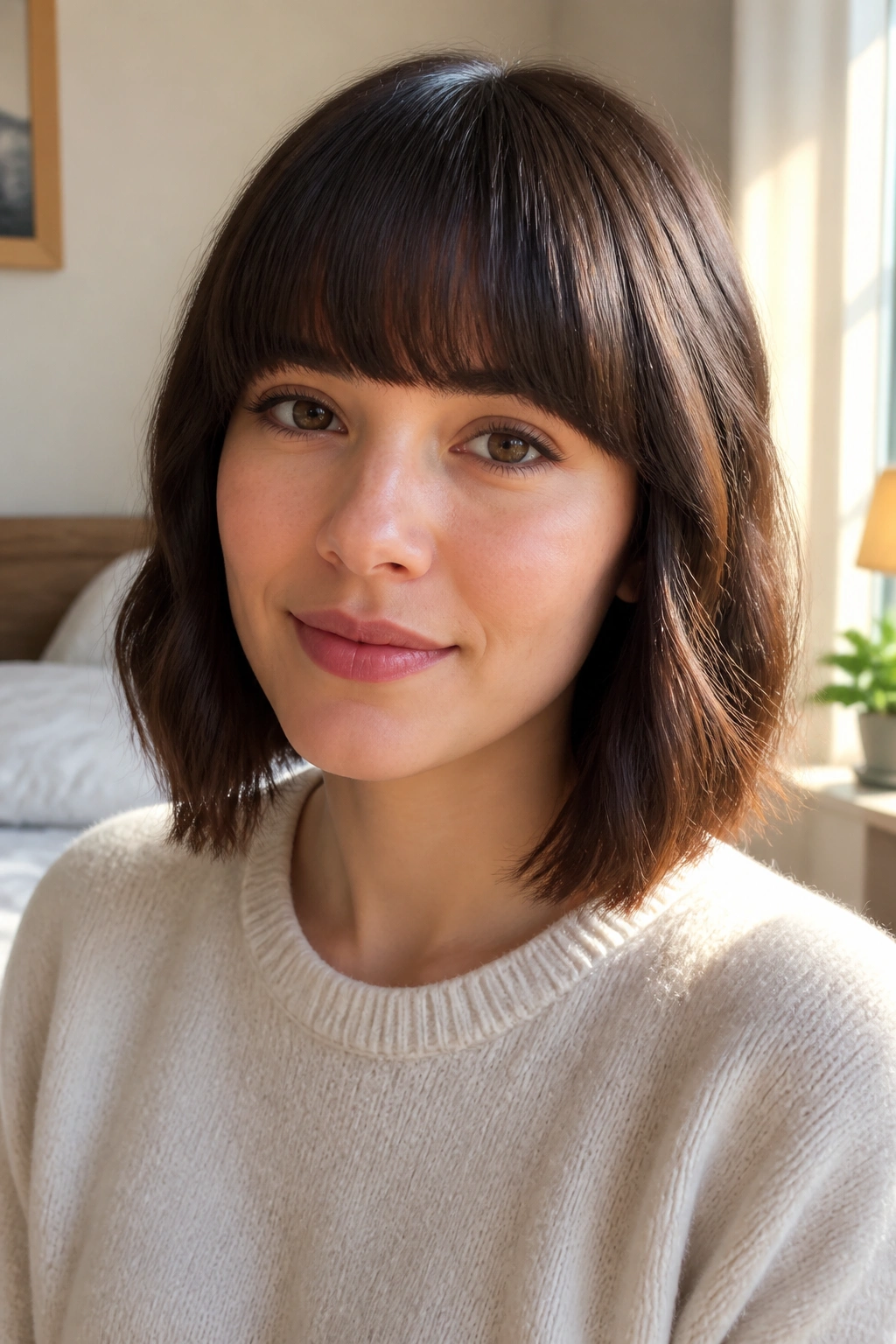 Close-up portrait of a real woman with soft blunt bangs and rounded corners