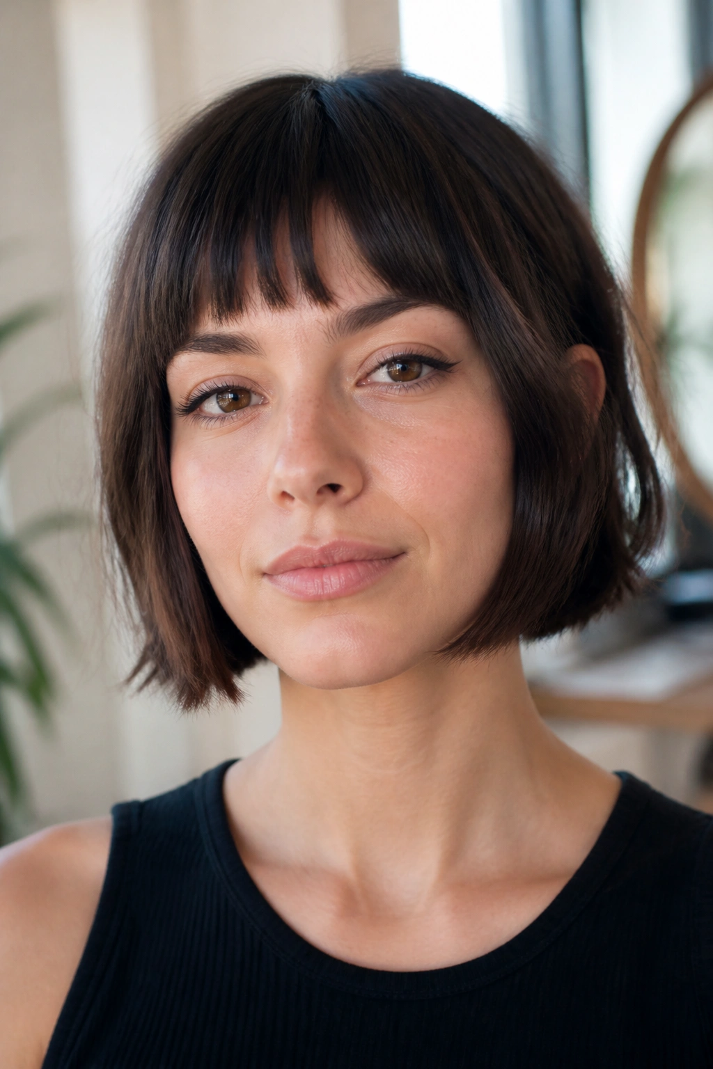 Portrait of real person wearing soft blunt bangs with temple pieces.