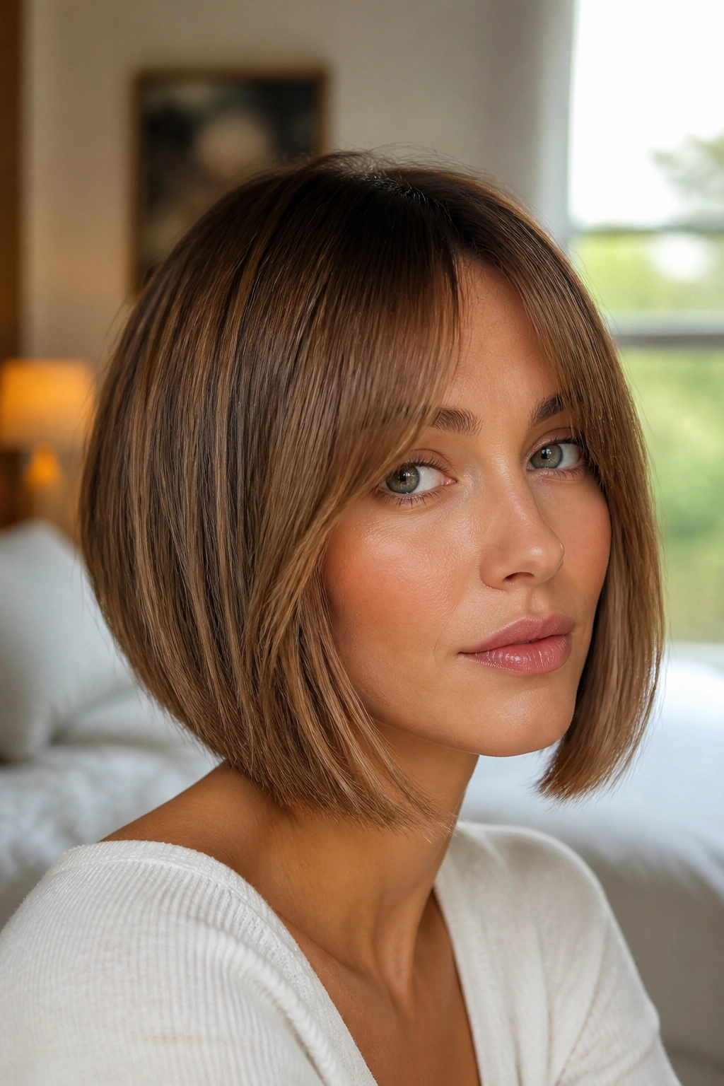 Real woman with soft blunt bob and curtain bangs in warm bedroom light