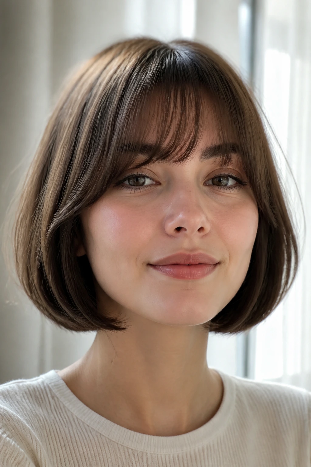 Close-up portrait of a real woman with soft blunt bob and bent-under fringe in soft daylight