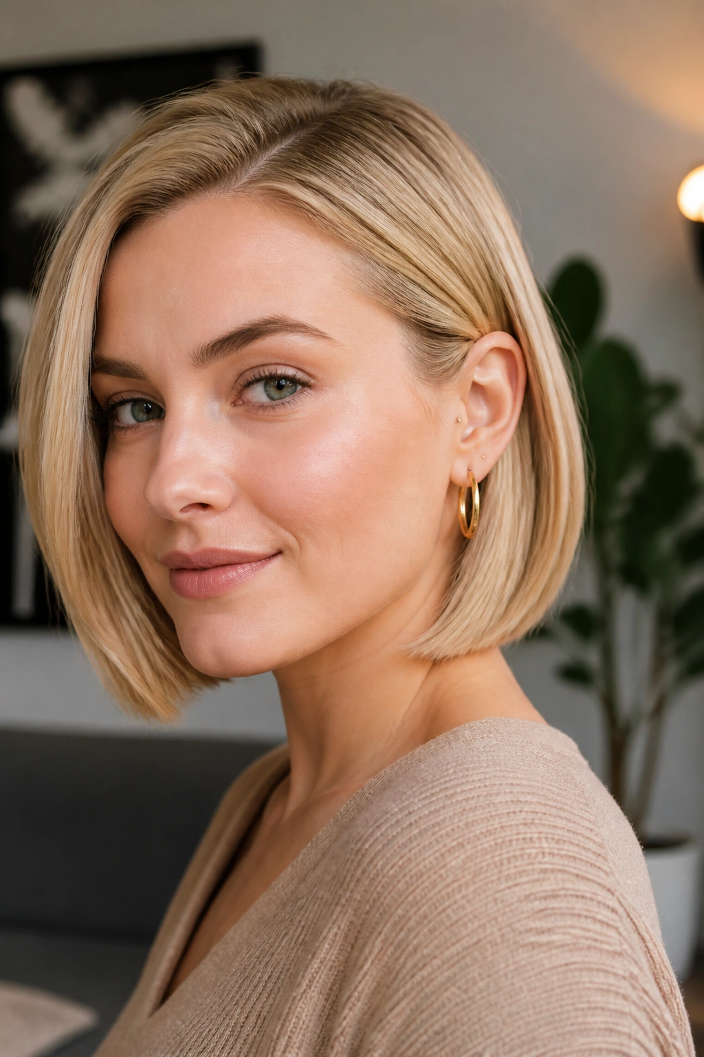 Close-up of a woman with a soft blunt bob tucked behind one ear