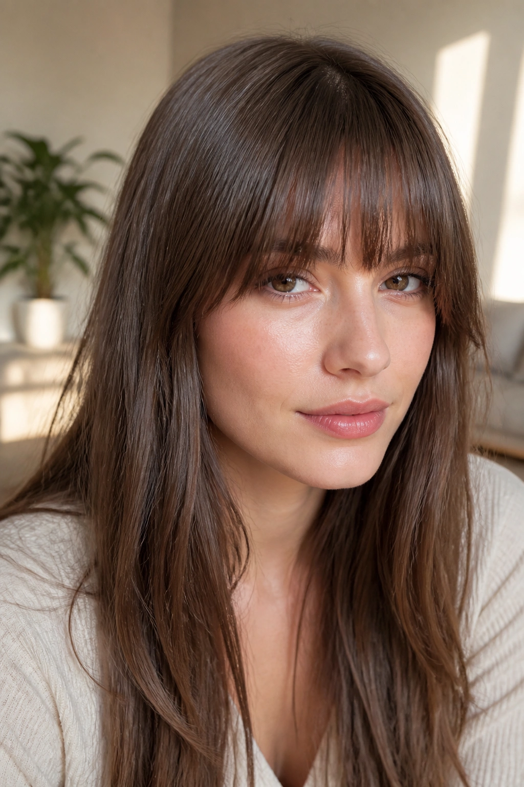 Close-up portrait of a real woman with a soft blunt fringe below the brows
