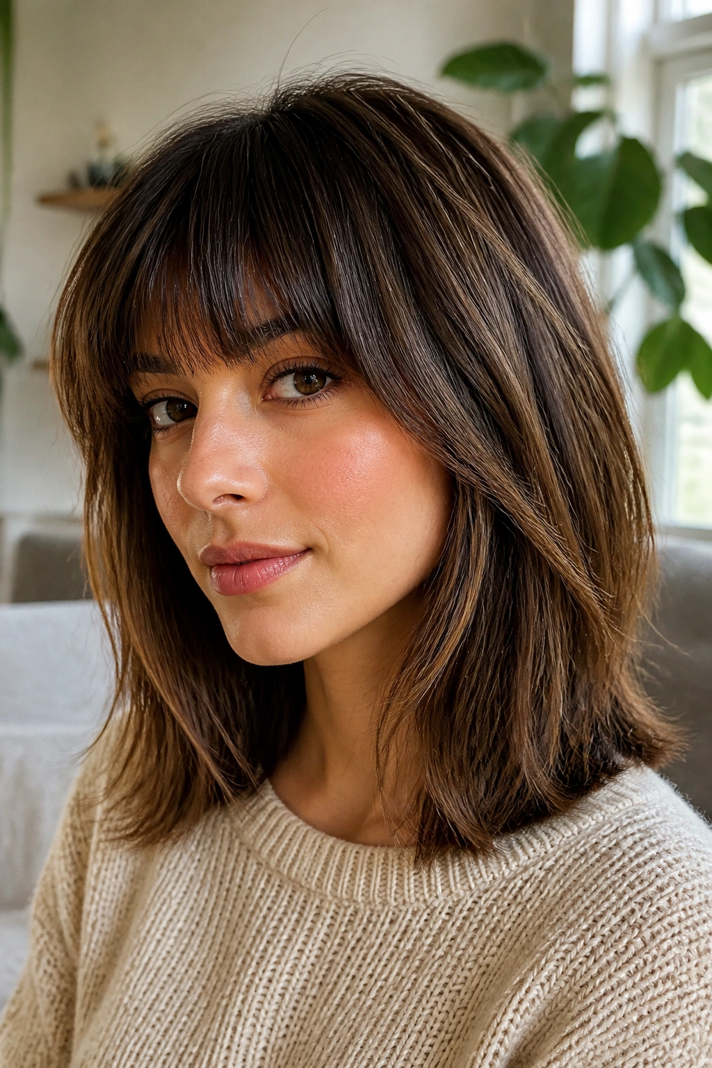 Soft blunt fringe with internal layers on real woman in sunlit living room