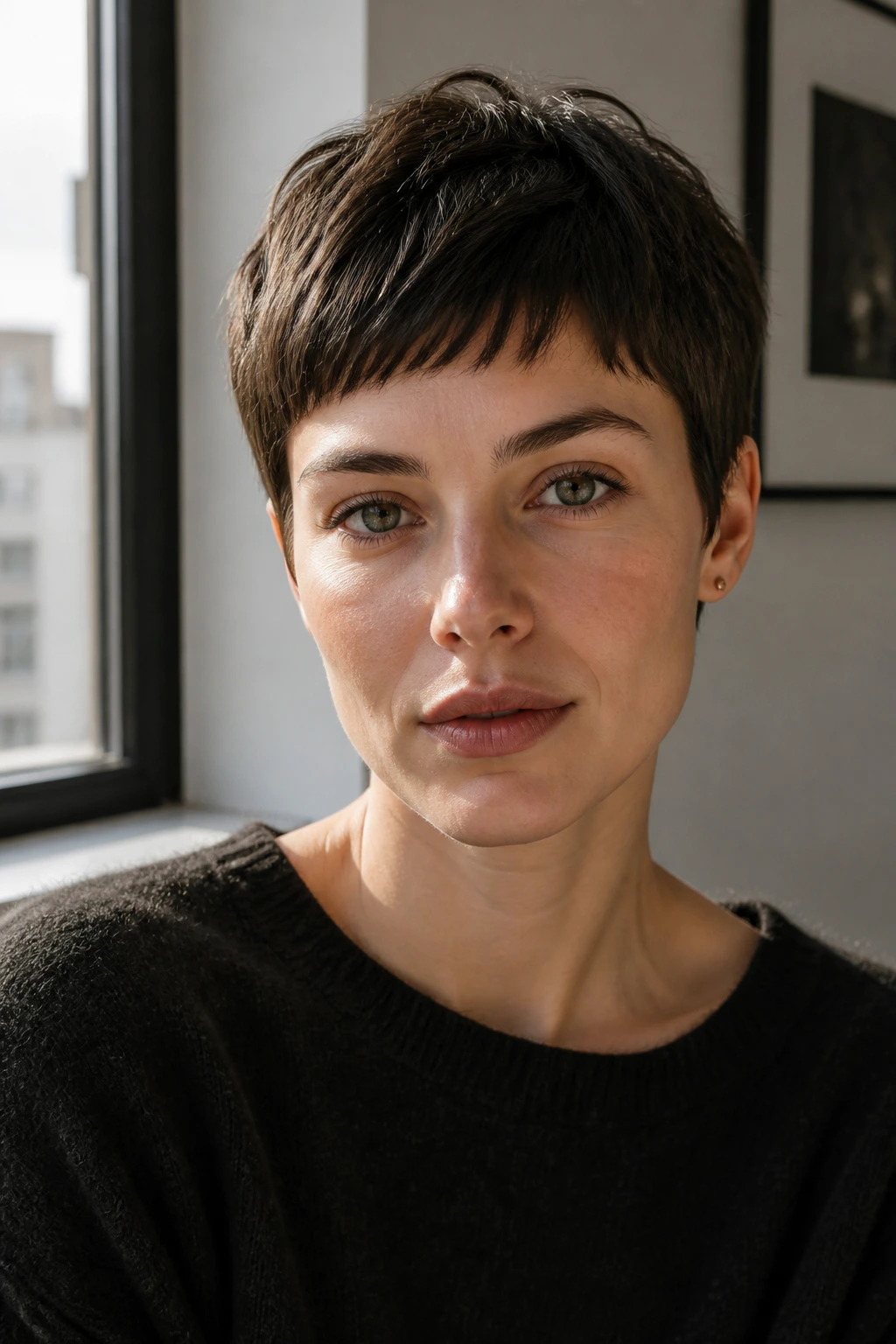 Close-up portrait of a real woman with a soft blunt pixie haircut