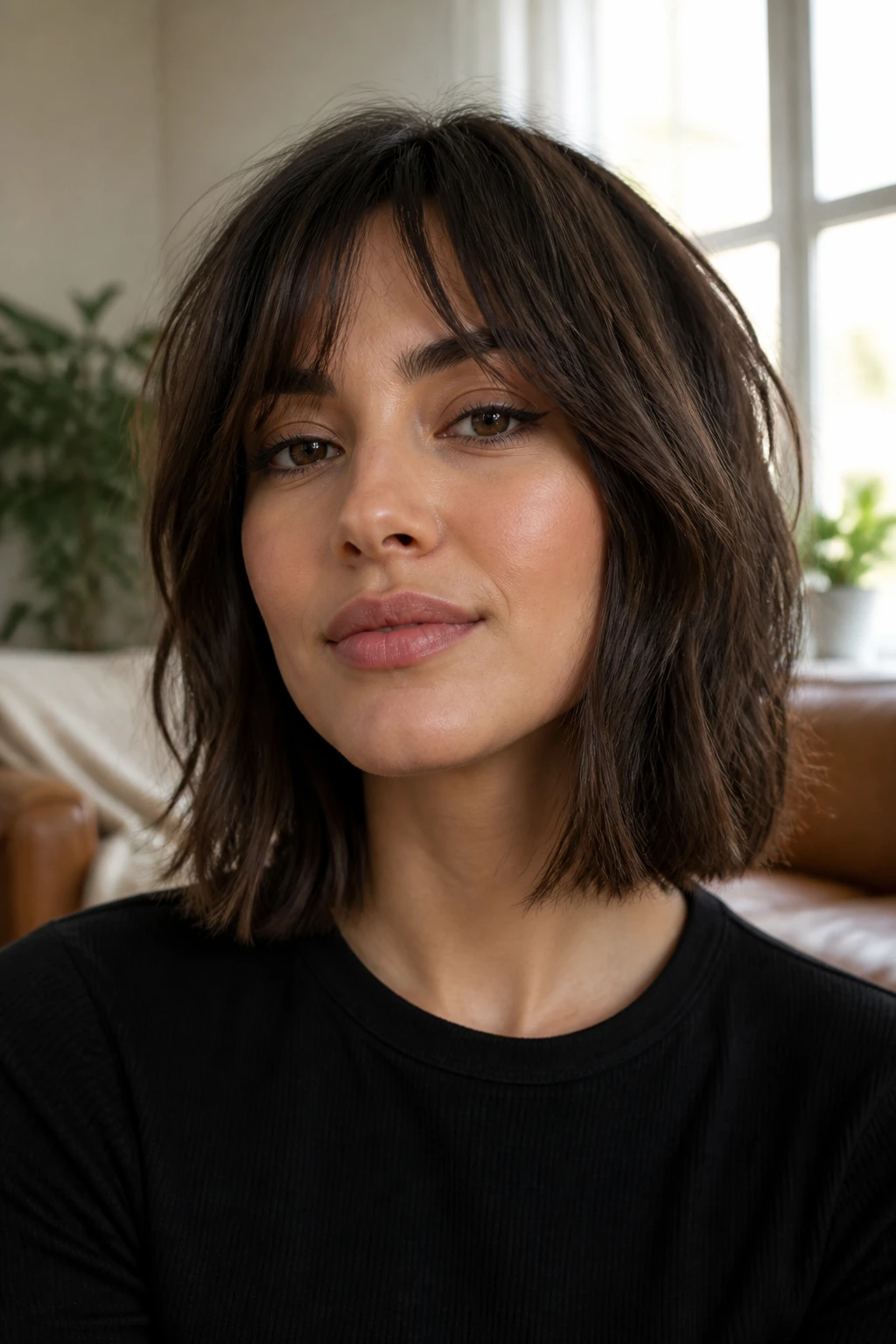 Close-up of a real woman with shoulder-length blunt shag lob, showcasing blunt edge and interior texture