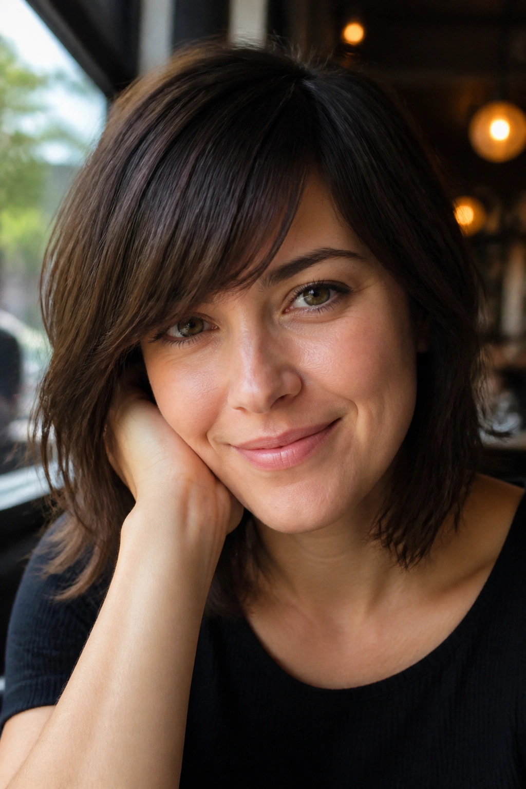Close-up portrait of a real woman with a soft blunt side bang in a cafe