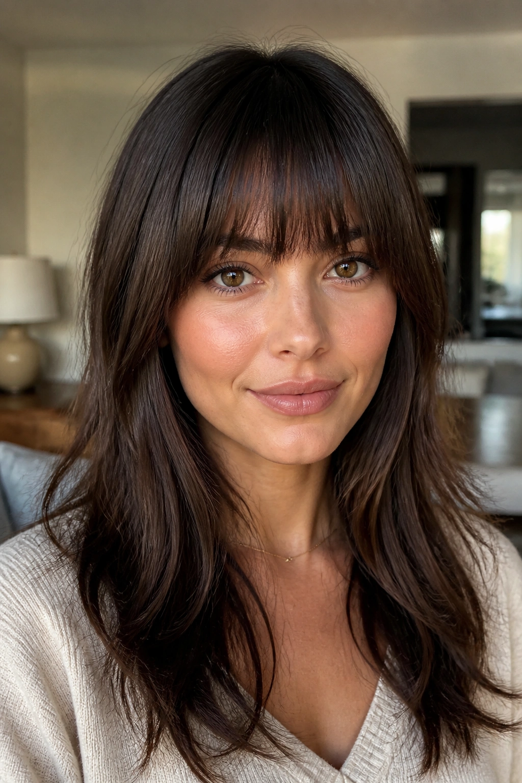 Close-up of a real woman with soft blunt fringe and textured ends in warm light