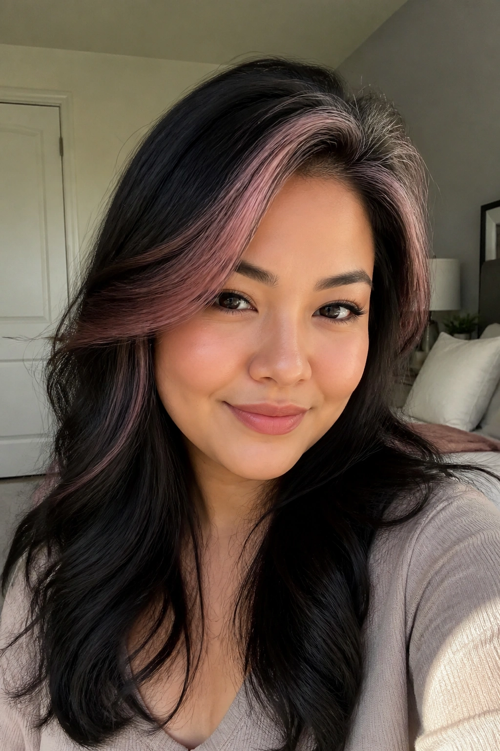 Close-up of a woman with side-parted hair and soft blush halo highlights.