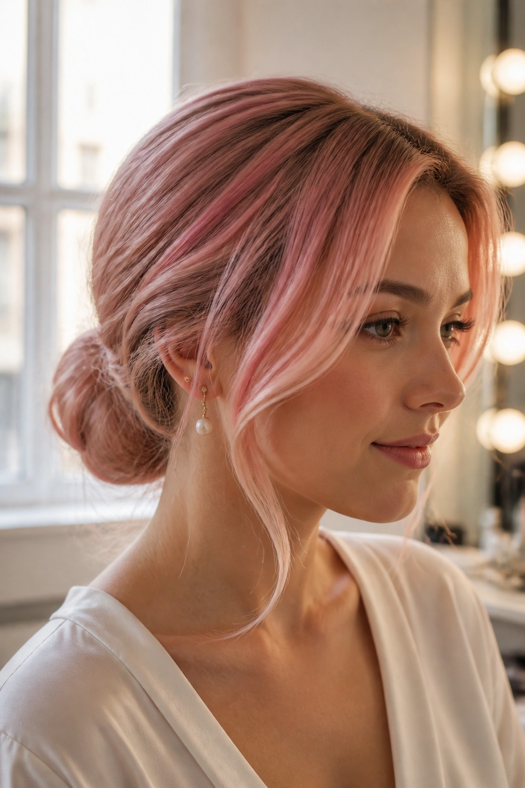 Close-up portrait of a real person with a soft blush low bun and face-framing pieces
