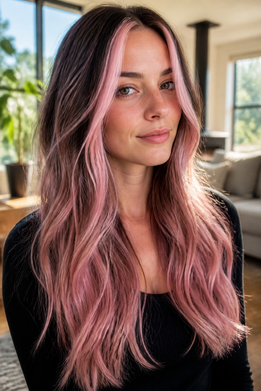 Portrait of a woman with a thin blush money piece and pink fade along long hair.