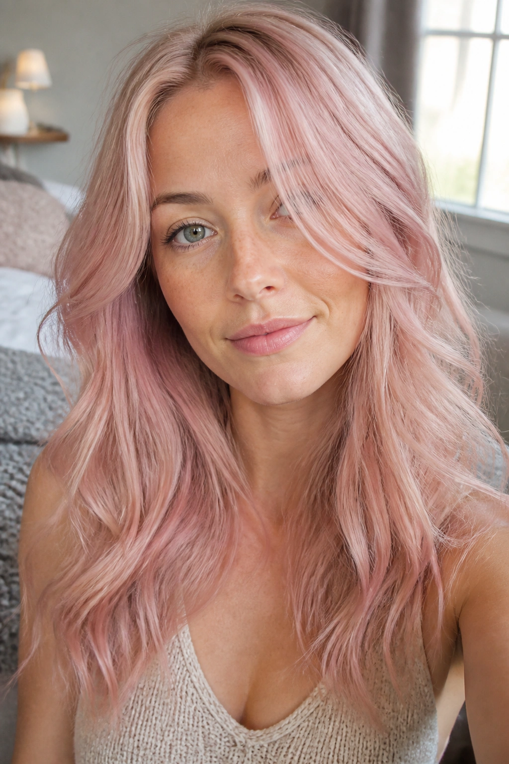 Close-up portrait of a real woman with soft blush pink hair under window light