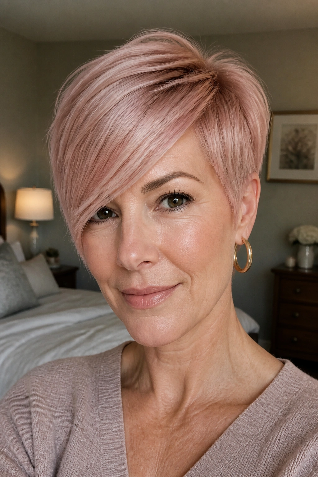 Close-up of a real woman with a soft blush pixie for fine hair