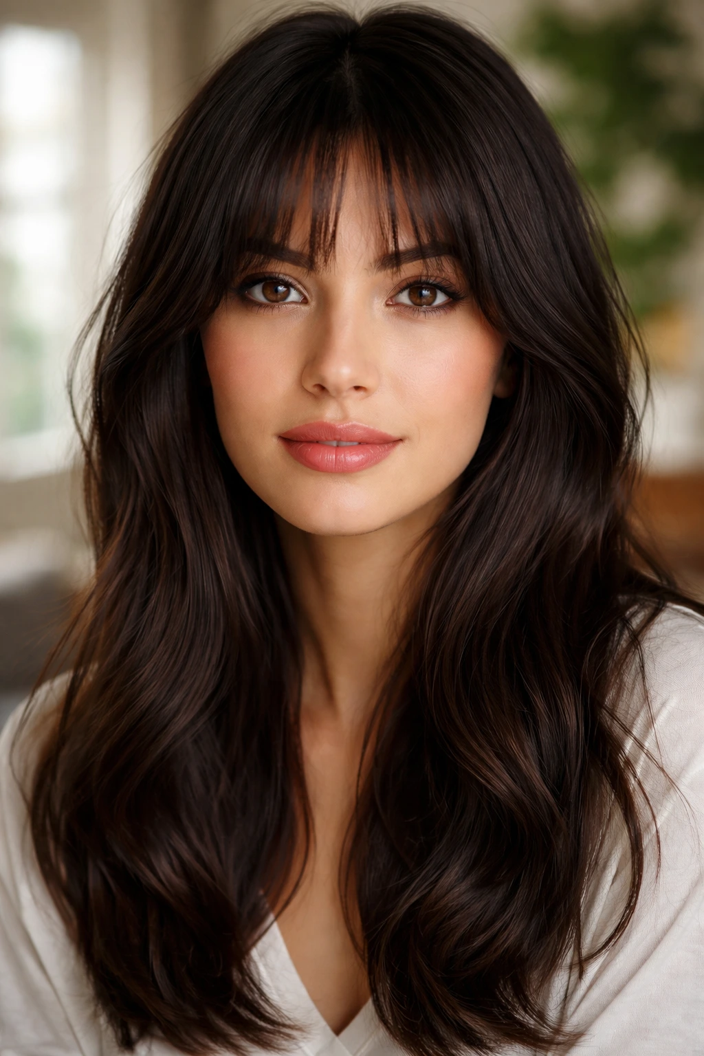 Close-up of real brunette with soft bottleneck bangs.