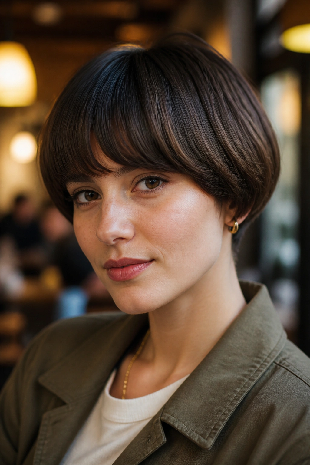 Portrait of a woman with a soft bowl bob in a warm cafe setting.