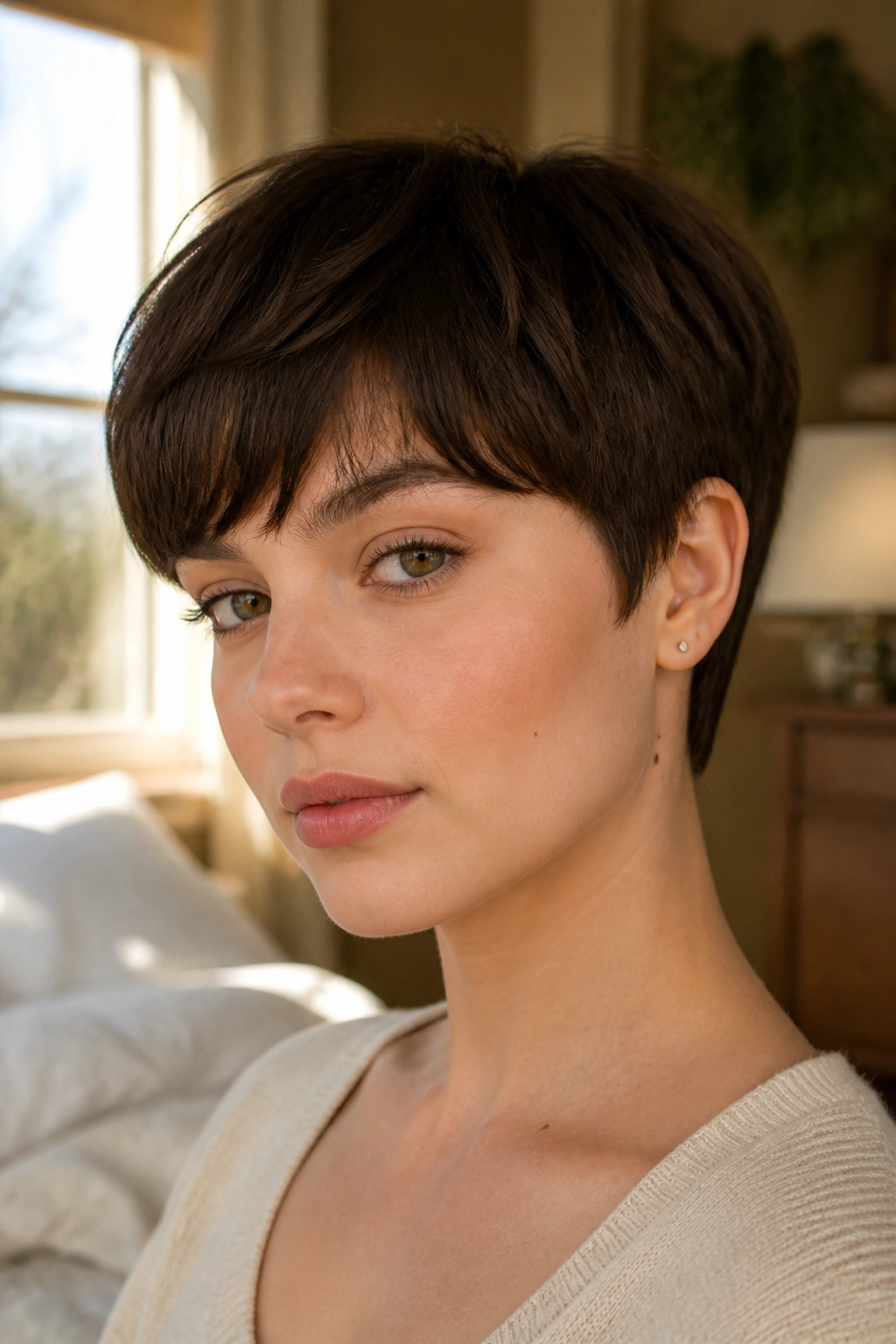 Close-up portrait of a real person with soft bowl crop and airy edges in natural window light