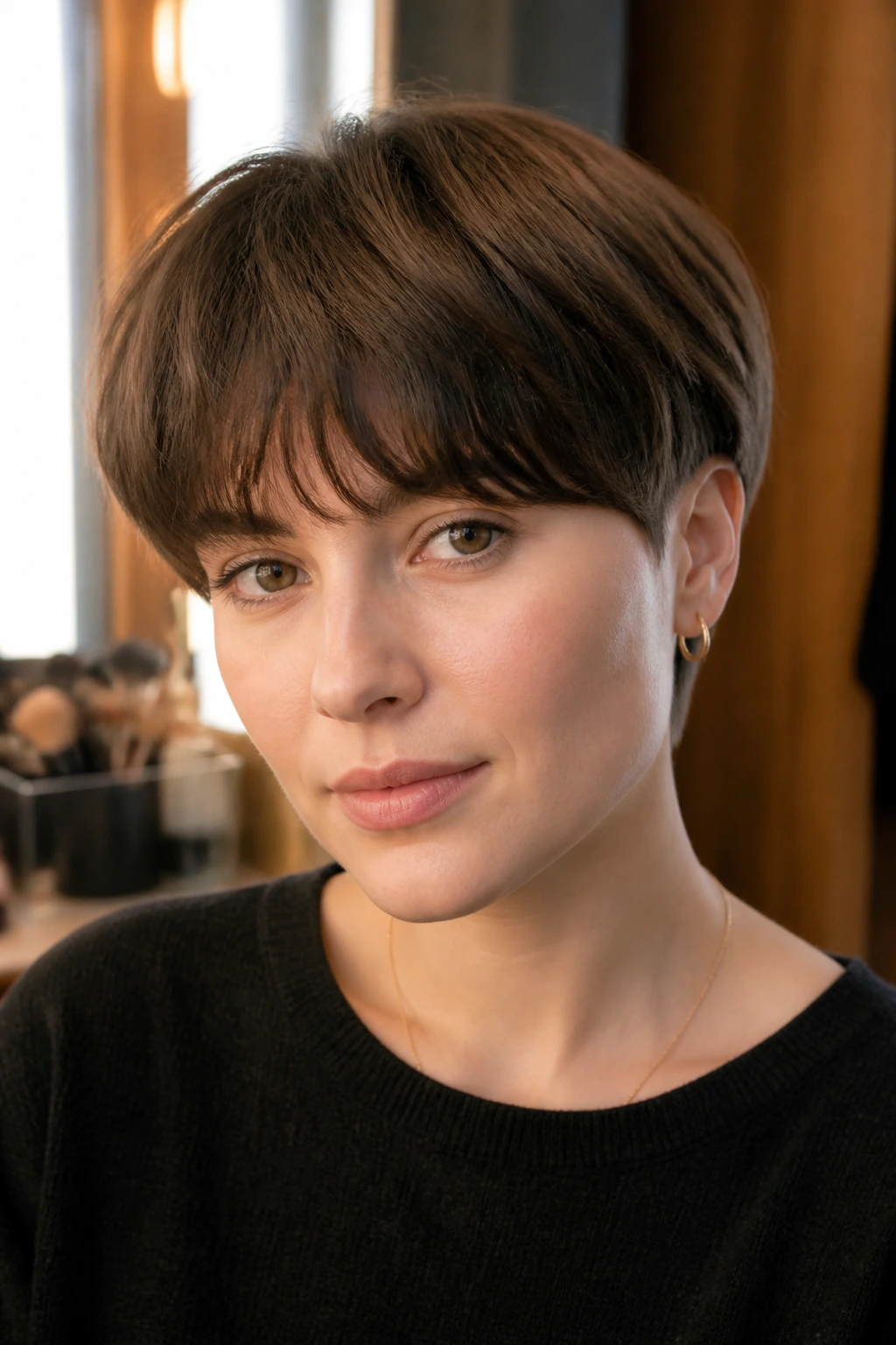 Real person with a soft bowl cut and feathered fringe in a cozy dressing room.