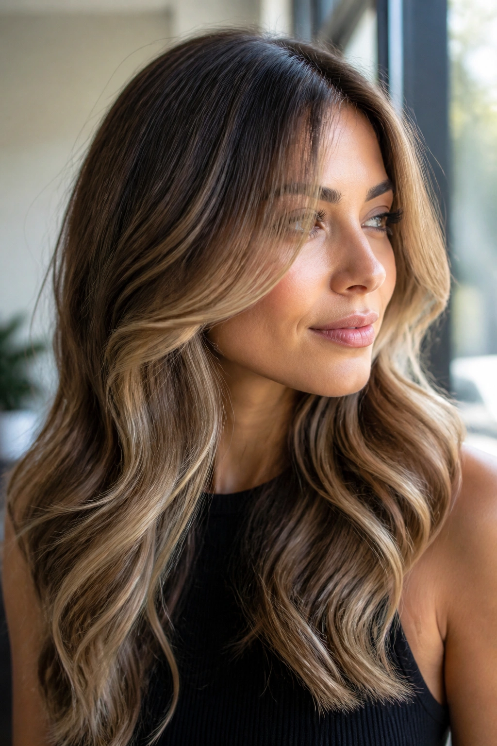 Close-up of soft bronde balayage on brown hair
