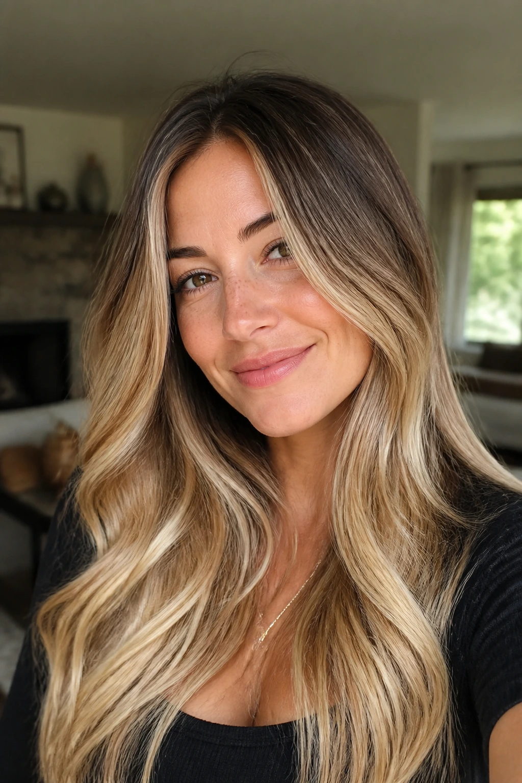 Close-up portrait of soft bronde to blonde melt on a real woman