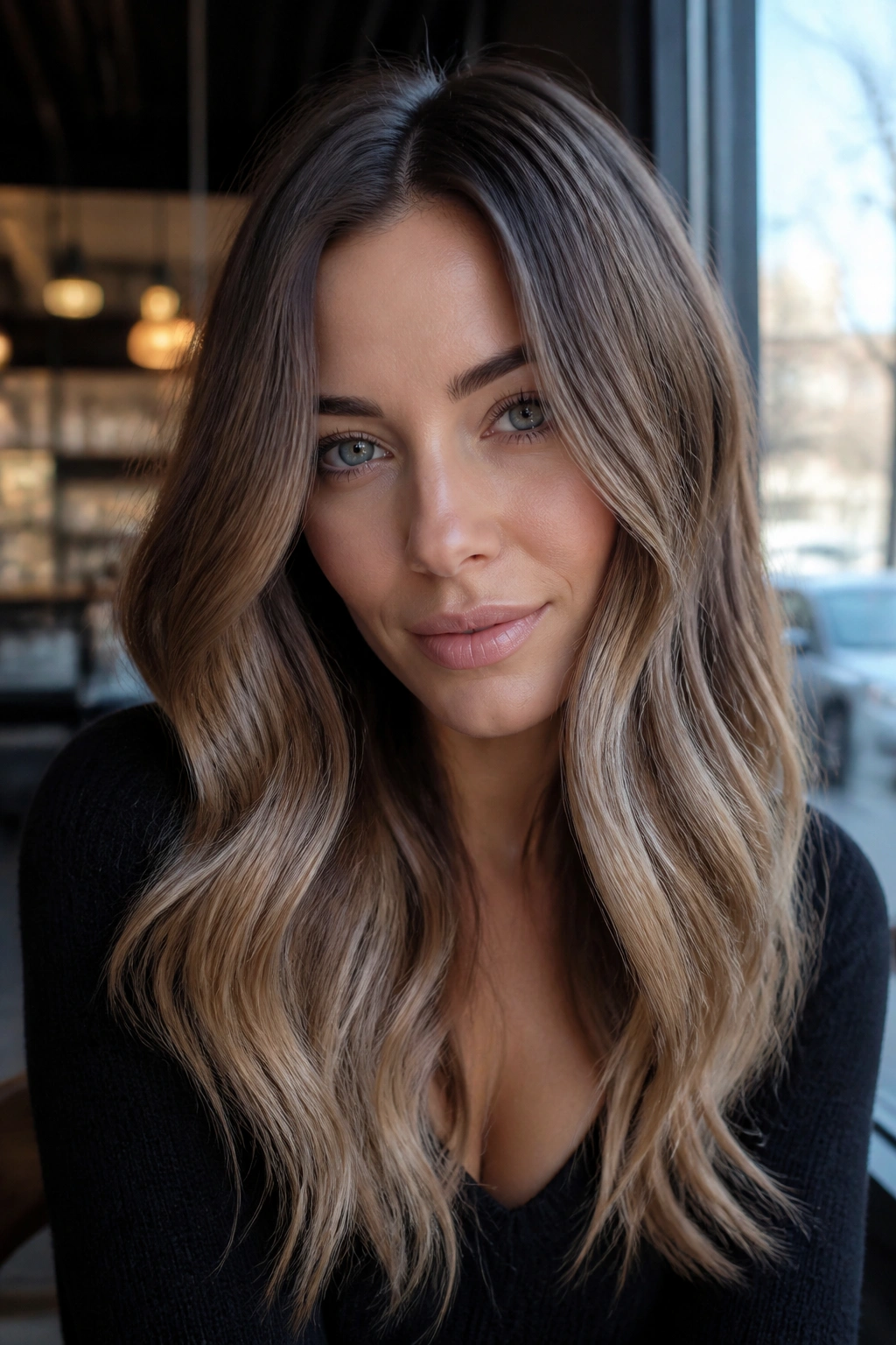 Close-up portrait of a woman with soft bronde chocolate and champagne caramel on cool skin.