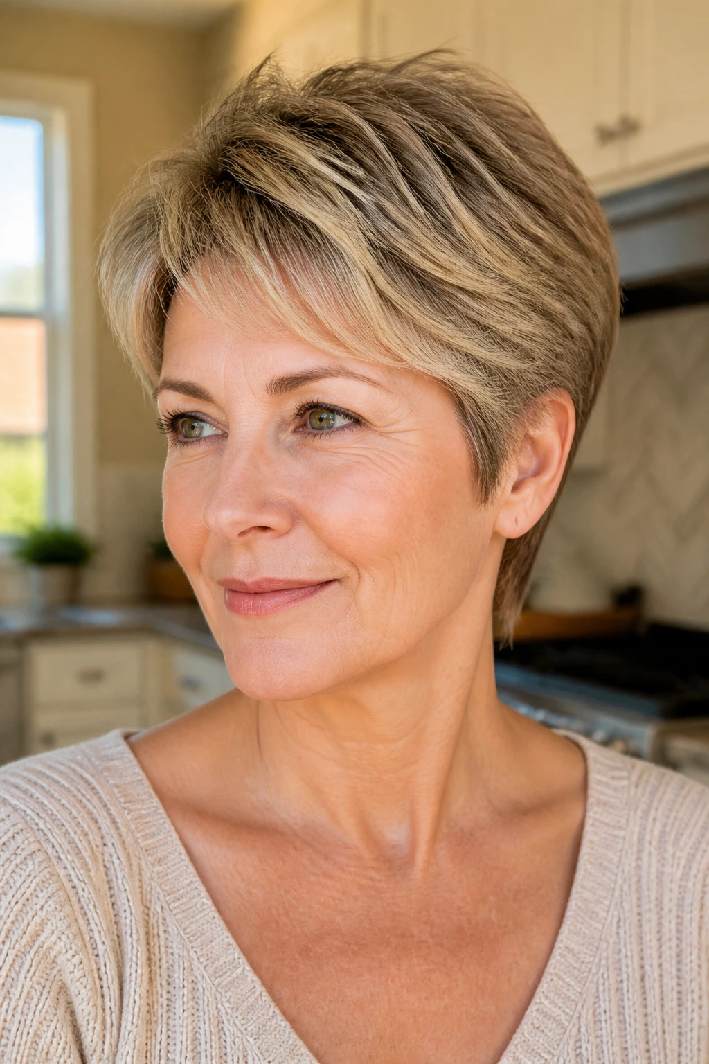 Real woman with short soft bronde hair and subtle dimensional tones