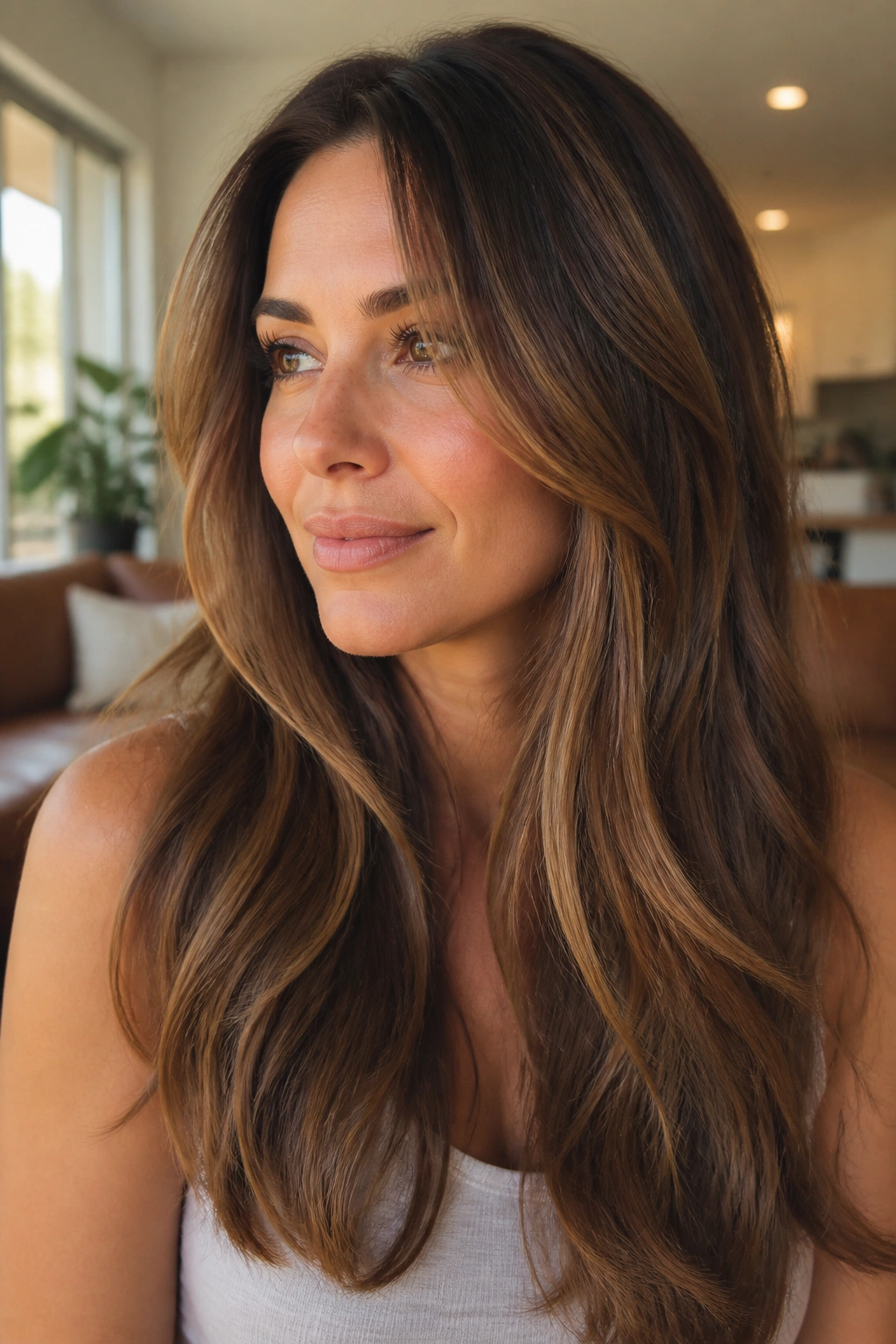 Close-up of a real woman with soft bronze-caramel highlights in medium brown hair